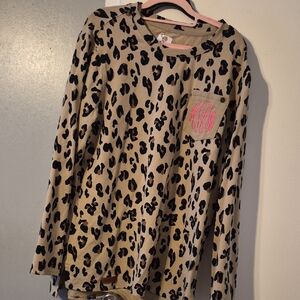 Leopard Print Long Sleeve Pocket Top with Pink Monogram